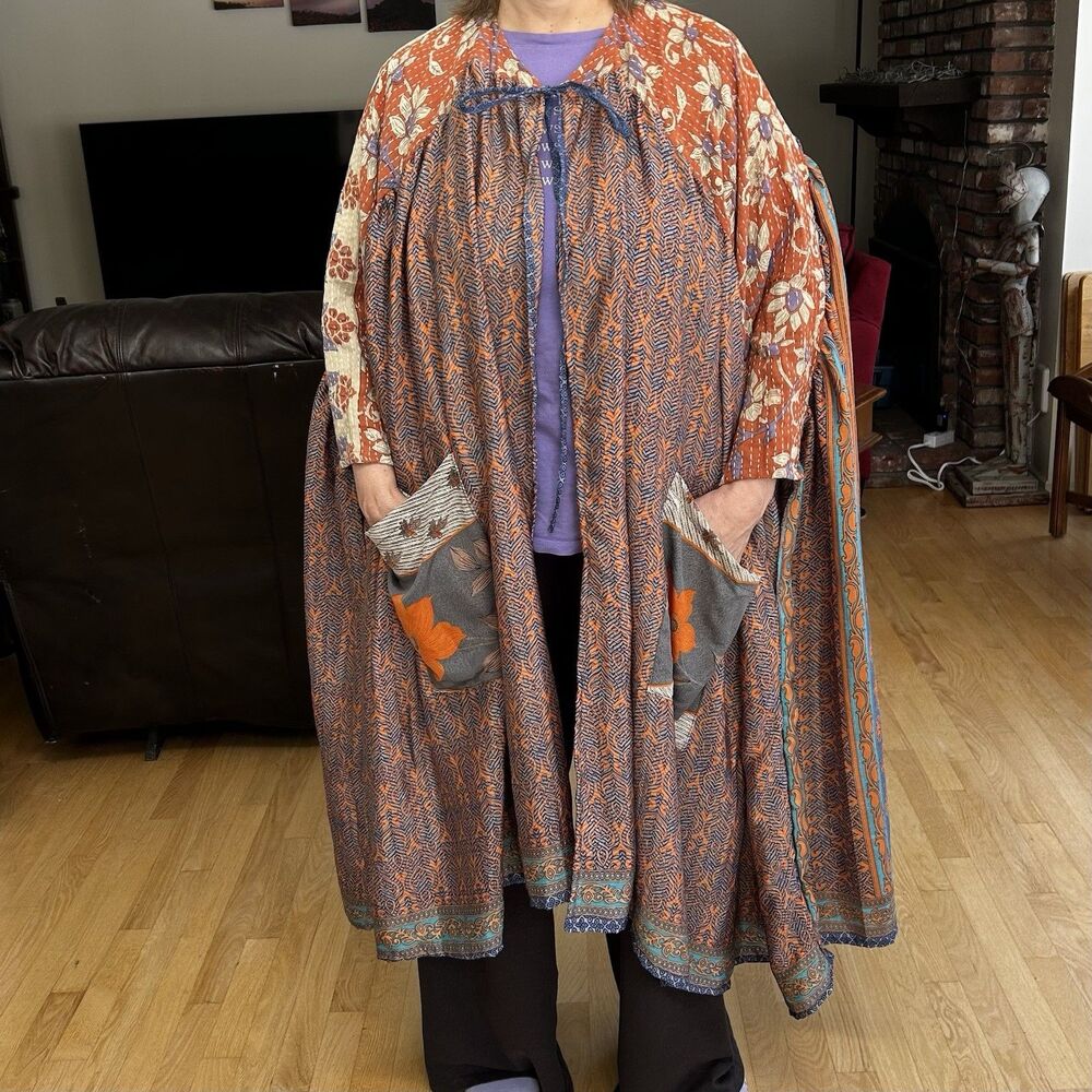 Floral and Geometric Patterned Cape Kantha Bae Lagenlook Boho Kimono